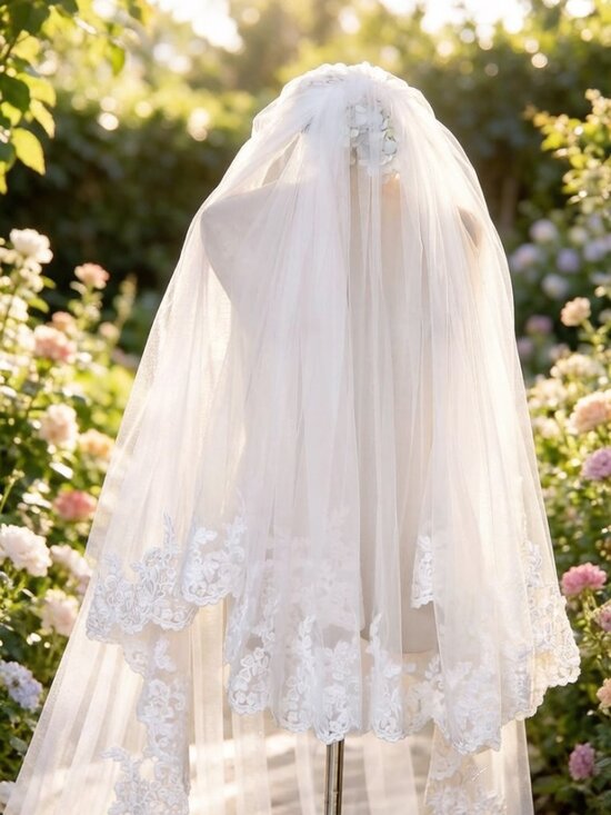 White Lace Applique Cathedral Veil 2 Tier Royal Length 138\